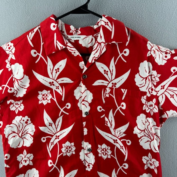 Vintage 60s Hawaiian Shirt Mens Medium 22x29 Red Cotton Aloha Floral - Picture 2 of 12